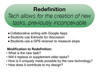 ● Collaborative writing with Google Apps 
● Students use Edmodo for discussion 
● Students use a GPS receiver to measure slope 
Modification to Redefinition: 
• What is the new task? 
• Will it replace or supplement older tasks? 
• How is it uniquely made possible by the new technology? 
• How does it contribute to my design? 
 