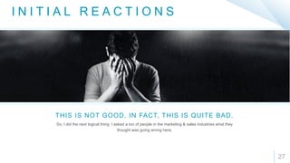 27
I N I T I A L R E A C T I O N S
So, I did the next logical thing: I asked a ton of people in the marketing & sales industries what they
thought was going wrong here.
THIS IS NOT GOOD. IN FACT, THIS IS QUITE BAD.
 