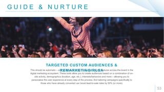 53
G U I D E & N U R T U R E
This should be automatic – and yet it is one of the most under-utilized features across-the-board in the
digital marketing ecosystem. These tools allow you to create audiences based on a combination of on-
site activity, demographics (location, age, etc.), interests/behaviors and more – allowing you to
personalize the user experience at every step of the process. And tailoring campaigns specifically to
those who have already converted can boost lead-to-sale rates by 50% (or more).
TARGETED CUSTOM AUDIENCES &
REMARKETING/RLSA
 