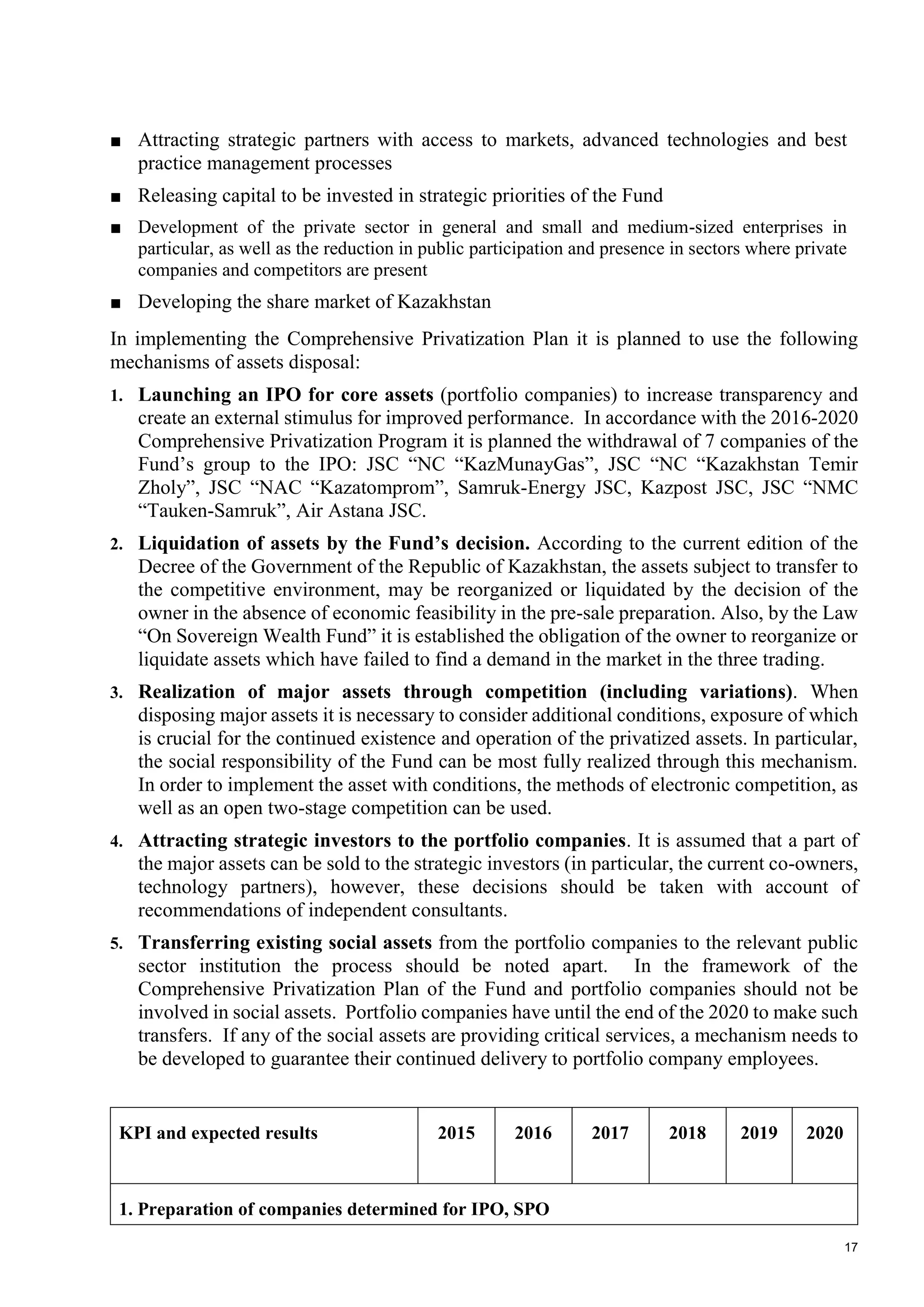 17
■ Attracting strategic partners with access to markets, advanced technologies and best
practice management processes
■ Releasing capital to be invested in strategic priorities of the Fund
■ Development of the private sector in general and small and medium-sized enterprises in
particular, as well as the reduction in public participation and presence in sectors where private
companies and competitors are present
■ Developing the share market of Kazakhstan
In implementing the Comprehensive Privatization Plan it is planned to use the following
mechanisms of assets disposal:
1. Launching an IPO for core assets (portfolio companies) to increase transparency and
create an external stimulus for improved performance. In accordance with the 2016-2020
Comprehensive Privatization Program it is planned the withdrawal of 7 companies of the
Fund’s group to the IPO: JSC “NC “KazMunayGas”, JSC “NC “Kazakhstan Temir
Zholy”, JSC “NAC “Kazatomprom”, Samruk-Energy JSC, Kazpost JSC, JSC “NMC
“Tauken-Samruk”, Air Astana JSC.
2. Liquidation of assets by the Fund’s decision. According to the current edition of the
Decree of the Government of the Republic of Kazakhstan, the assets subject to transfer to
the competitive environment, may be reorganized or liquidated by the decision of the
owner in the absence of economic feasibility in the pre-sale preparation. Also, by the Law
“On Sovereign Wealth Fund” it is established the obligation of the owner to reorganize or
liquidate assets which have failed to find a demand in the market in the three trading.
3. Realization of major assets through competition (including variations). When
disposing major assets it is necessary to consider additional conditions, exposure of which
is crucial for the continued existence and operation of the privatized assets. In particular,
the social responsibility of the Fund can be most fully realized through this mechanism.
In order to implement the asset with conditions, the methods of electronic competition, as
well as an open two-stage competition can be used.
4. Attracting strategic investors to the portfolio companies. It is assumed that a part of
the major assets can be sold to the strategic investors (in particular, the current co-owners,
technology partners), however, these decisions should be taken with account of
recommendations of independent consultants.
5. Transferring existing social assets from the portfolio companies to the relevant public
sector institution the process should be noted apart. In the framework of the
Comprehensive Privatization Plan of the Fund and portfolio companies should not be
involved in social assets. Portfolio companies have until the end of the 2020 to make such
transfers. If any of the social assets are providing critical services, a mechanism needs to
be developed to guarantee their continued delivery to portfolio company employees.
KPI and expected results 2015 2016 2017 2018 2019 2020
1. Preparation of companies determined for IPO, SPO
 