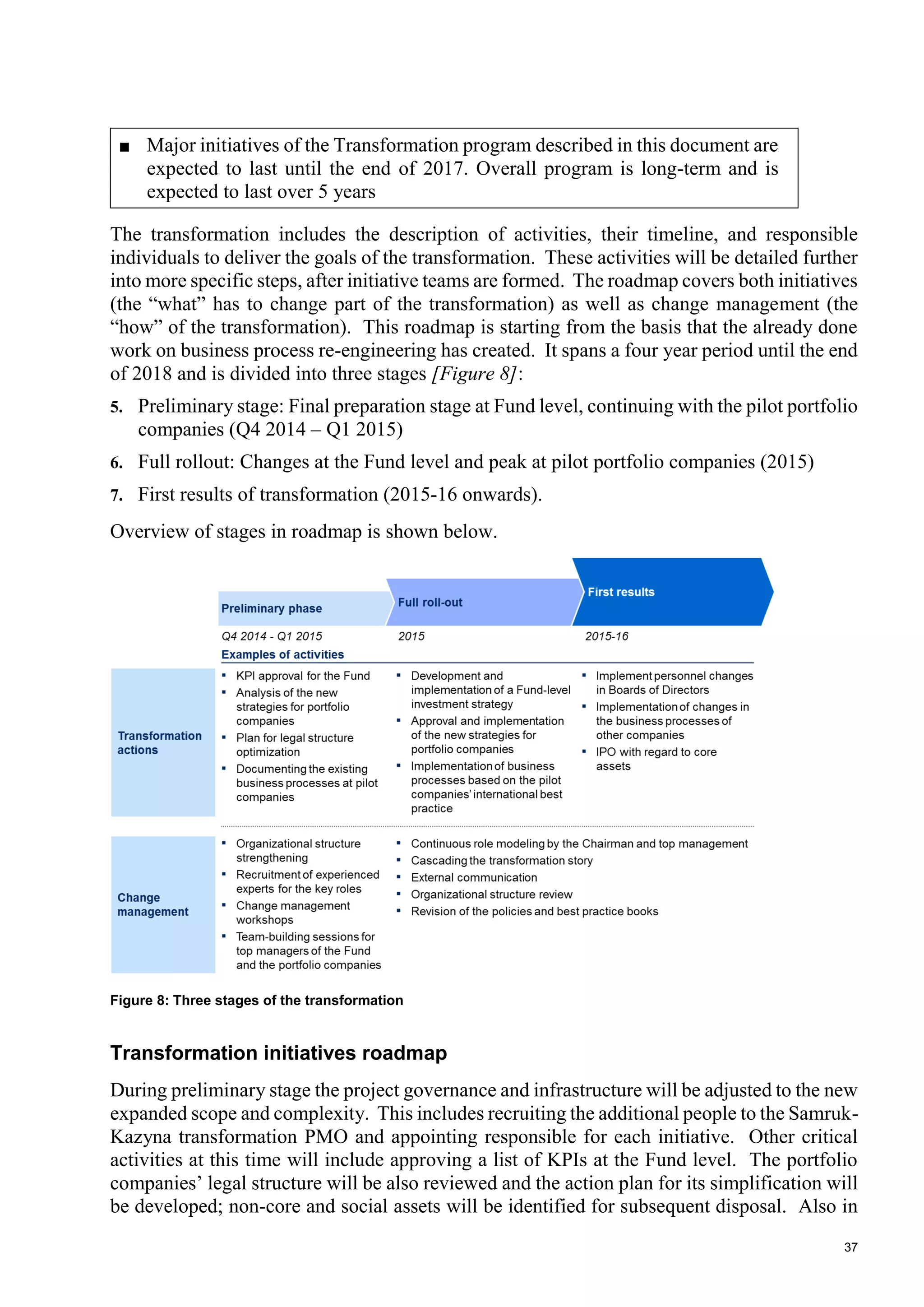 37
■ Major initiatives of the Transformation program described in this document are
expected to last until the end of 2017. Overall program is long-term and is
expected to last over 5 years
The transformation includes the description of activities, their timeline, and responsible
individuals to deliver the goals of the transformation. These activities will be detailed further
into more specific steps, after initiative teams are formed. The roadmap covers both initiatives
(the “what” has to change part of the transformation) as well as change management (the
“how” of the transformation). This roadmap is starting from the basis that the already done
work on business process re-engineering has created. It spans a four year period until the end
of 2018 and is divided into three stages [Figure 8]:
5. Preliminary stage: Final preparation stage at Fund level, continuing with the pilot portfolio
companies (Q4 2014 – Q1 2015)
6. Full rollout: Changes at the Fund level and peak at pilot portfolio companies (2015)
7. First results of transformation (2015-16 onwards).
Overview of stages in roadmap is shown below.
Figure 8: Three stages of the transformation
Transformation initiatives roadmap
During preliminary stage the project governance and infrastructure will be adjusted to the new
expanded scope and complexity. This includes recruiting the additional people to the Samruk-
Kazyna transformation PMO and appointing responsible for each initiative. Other critical
activities at this time will include approving a list of KPIs at the Fund level. The portfolio
companies’ legal structure will be also reviewed and the action plan for its simplification will
be developed; non-core and social assets will be identified for subsequent disposal. Also in
 