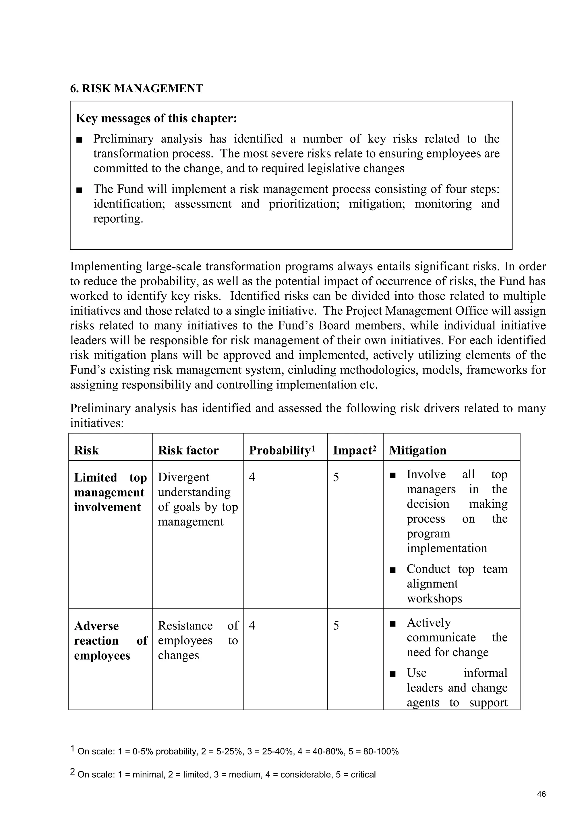 46
6. RISK MANAGEMENT
Key messages of this chapter:
■ Preliminary analysis has identified a number of key risks related to the
transformation process. The most severe risks relate to ensuring employees are
committed to the change, and to required legislative changes
■ The Fund will implement a risk management process consisting of four steps:
identification; assessment and prioritization; mitigation; monitoring and
reporting.
Implementing large-scale transformation programs always entails significant risks. In order
to reduce the probability, as well as the potential impact of occurrence of risks, the Fund has
worked to identify key risks. Identified risks can be divided into those related to multiple
initiatives and those related to a single initiative. The Project Management Office will assign
risks related to many initiatives to the Fund’s Board members, while individual initiative
leaders will be responsible for risk management of their own initiatives. For each identified
risk mitigation plans will be approved and implemented, actively utilizing elements of the
Fund’s existing risk management system, cinluding methodologies, models, frameworks for
assigning responsibility and controlling implementation etc.
Preliminary analysis has identified and assessed the following risk drivers related to many
initiatives:
Risk Risk factor Probability1 Impact2 Mitigation
Limited top
management
involvement
Divergent
understanding
of goals by top
management
4 5 ■ Involve all top
managers in the
decision making
process on the
program
implementation
■ Conduct top team
alignment
workshops
Adverse
reaction of
employees
Resistance of
employees to
changes
4 5 ■ Actively
communicate the
need for change
■ Use informal
leaders and change
agents to support
1 On scale: 1 = 0-5% probability, 2 = 5-25%, 3 = 25-40%, 4 = 40-80%, 5 = 80-100%
2 On scale: 1 = minimal, 2 = limited, 3 = medium, 4 = considerable, 5 = critical
 