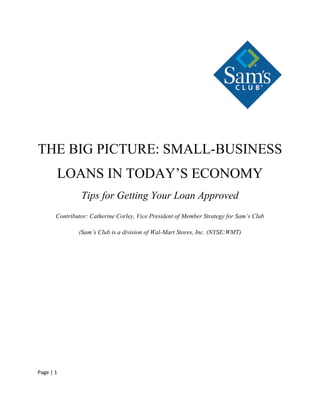 THE BIG PICTURE: SMALL-BUSINESS
       LOANS IN TODAY’S ECONOMY
                Tips for Getting Your Loan Approved
       Contributor: Catherine Corley, Vice President of Member Strategy for Sam’s Club

               (Sam’s Club is a division of Wal-Mart Stores, Inc. (NYSE:WMT)




Page | 1
 