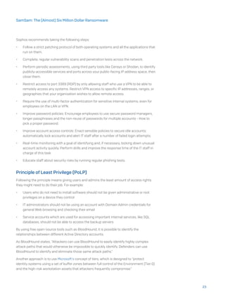 Sophos recommends taking the following steps:
•	 Follow a strict patching protocol of both operating systems and all the applications that
run on them.
•	 Complete, regular vulnerability scans and penetration tests across the network.
•	 Perform periodic assessments, using third party tools like Censys or Shodan, to identify
publicly-accessible services and ports across your public-facing IP address space, then
close them.
•	 Restrict access to port 3389 (RDP) by only allowing staff who use a VPN to be able to
remotely access any systems. Restrict VPN access to specific IP addresses, ranges, or
geographies that your organisation wishes to allow remote access.
•	 Require the use of multi-factor authentication for sensitive internal systems, even for
employees on the LAN or VPN.
•	 Improve password policies: Encourage employees to use secure password managers,
longer passphrases and the non-reuse of passwords for multiple accounts - How to
pick a proper password.
•	 Improve account access controls: Enact sensible policies to secure idle accounts;
automatically lock accounts and alert IT staff after a number of failed login attempts.
•	 Real-time monitoring with a goal of identifying and, if necessary, locking down unusual
account activity quickly. Perform drills and improve the response time of the IT staff in
charge of this task
•	 Educate staff about security risks by running regular phishing tests.
Principle of Least Privilege (PoLP)
Following the principle means giving users and admins the least amount of access rights
they might need to do their job. For example:
•	 Users who do not need to install software should not be given administrative or root
privileges on a device they control
•	 IT administrators should not be using an account with Domain Admin credentials for
general Web browsing and checking their email
•	 Service accounts which are used for accessing important internal services, like SQL
databases, should not be able to access the backup servers
By using free open-source tools such as BloodHound, it is possible to identify the
relationships between different Active Directory accounts.
As BloodHound states, “Attackers can use BloodHound to easily identify highly complex
attack paths that would otherwise be impossible to quickly identify. Defenders can use
BloodHound to identify and eliminate those same attack paths.”
Another approach is to use Microsoft’s concept of tiers, which is designed to “protect
identity systems using a set of buffer zones between full control of the Environment (Tier 0)
and the high-risk workstation assets that attackers frequently compromise.”
23
SamSam: The (Almost) Six Million Dollar Ransomware
 