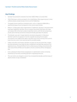 Key Findings
ÌÌ SamSam has earned its creator(s) more than US$5.9 Million since late 2015.
ÌÌ 74% of the known victims are based in the United States. Other regions known to have
suffered attacks include Canada, the UK, and the Middle East.
ÌÌ The largest ransom paid by an individual victim, so far, is valued at US$64,000, a
significantly large amount compared to most ransomware families.
ÌÌ Medium- to large public sector organisations in healthcare, education, and government
have been targeted by SamSam, but our research discovered that these only make
up for about 50% of the total number of identified victims, with the rest comprising a
private sector that has remained uncharacteristically quiet about the attacks.
ÌÌ The attacker uses care in target selection and attack preparation is meticulous.
SamSam waits for an opportune moment, typically launching the encryption
commands in the middle of the night or the early hours of the morning of the victim’s
local time zone, when most users and admins would be asleep.
ÌÌ Unlike most other ransomware, SamSam encrypts not only document files, images,
and other personal or work data, but also configuration and data files required to run
applications (e.g., Microsoft Office). Victims whose backup strategy only protects the
user’s documents and files won’t be able to recover a machine without reimaging it,
first.
ÌÌ Every subsequent attack shows a progression in sophistication and an increasing
awareness by the entity controlling SamSam of operational security.
ÌÌ The cost victims are charged in ransom has increased dramatically, and the tempo of
attacks shows no sign of slowdown
3
SamSam: The (Almost) Six Million Dollar Ransomware
 