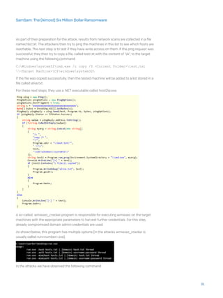 As part of their preparation for the attack, results from network scans are collected in a file
named list.txt. The attackers then try to ping the machines in this list to see which hosts are
reachable. The next step is to test if they have write access on them. If the ping request was
successful, they then try to copy a file, called test.txt with the content of “ok”, to the target
machine using the following command:
C:Windowssystem32cmd.exe /c copy /Y <Current Folder>test.txt
<Target Machine>C$windowssystem32
If the file was copied successfully, then the tested machine will be added to a list stored in a
file called alive.txt.
For these next steps, they use a .NET executable called host2ip.exe.
A so-called wmiexec_cracker program is responsible for executing wmiexec on the target
machines with the appropriate parameters to harvest further credentials. For this step,
already compromised domain admin credentials are used.
As shown below, this program has multiple options (in the attacks wmiexec_cracker is
usually called run<number>.exe).
In the attacks we have observed the following command:
31
SamSam: The (Almost) Six Million Dollar Ransomware
 