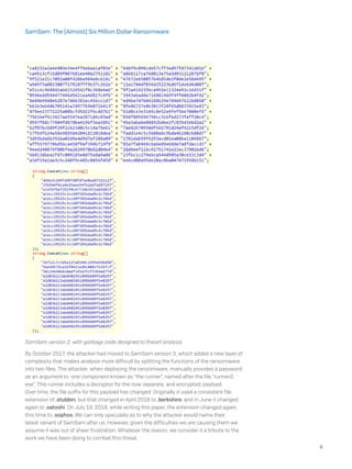 SamSam version 2, with garbage code designed to thwart analysis
By October 2017, the attacker had moved to SamSam version 3, which added a new layer of
complexity that makes analysis more difficult by splitting the functions of the ransomware
into two files. The attacker, when deploying the ransomware, manually provides a password
as an argument to one component known as “the runner”, named after the file “runner2.
exe”. This runner includes a decryptor for the now separate, and encrypted, payload.
Over time, the file suffix for this payload has changed: Originally it used a consistent file
extension of .stubbin, but that changed in April 2018 to .berkshire, and in June it changed
again to .satoshi. On July 19, 2018, while writing this paper, the extension changed again,
this time to .sophos. We can only speculate as to why the attacker would name their
latest variant of SamSam after us. However, given the difficulties we are causing them we
assume it was out of sheer frustration. Whatever the reason, we consider it a tribute to the
work we have been doing to combat this threat.
8
SamSam: The (Almost) Six Million Dollar Ransomware
 