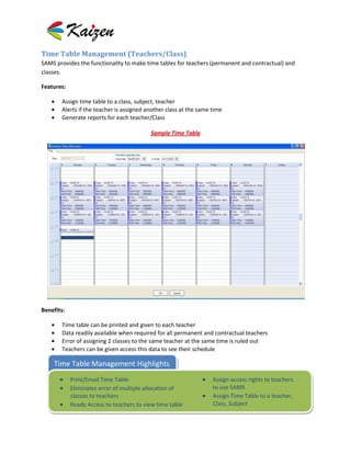 Time Table Management (Teachers/Class)
SAMS provides the functionality to make time tables for teachers (permanent and contractual) and
classes.

Features:

       Assign time table to a class, subject, teacher
       Alerts if the teacher is assigned another class at the same time
       Generate reports for each teacher/Class

                                          Sample Time Table




Benefits:

       Time table can be printed and given to each teacher
       Data readily available when required for all permanent and contractual teachers
       Error of assigning 2 classes to the same teacher at the same time is ruled out
       Teachers can be given access this data to see their schedule

    Time Table Management Highlights
            Print/Email Time Table                                 Assign access rights to teachers
            Eliminates error of multiple allocation of             to use SAMS
            classes to teachers                                    Assign Time Table to a teacher,
            Ready Access to teachers to view time table            Class, Subject
 