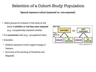 Select groups for inclusion in the study on the
basis of whether or not they were exposed
(e.g., occupationally exposed cohorts).
For uncommon risks (e.g., occupational risks).
Examples
• Soldiers exposed to dioxin (agent orange) in
Vietnam.
• Survivors of the bombing of Hiroshima and
Nagasaki.
Special exposure cohort (exposed vs. non-exposed)
Selection of a Cohort Study Population
Gordis, Epidemiology, 2013
 