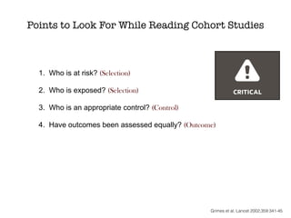 Points to Look For While Reading Cohort Studies
1. Who is at risk? (Selection)
2. Who is exposed? (Selection)
3. Who is an appropriate control? (Control)
4. Have outcomes been assessed equally? (Outcome)
Grimes et al. Lancet 2002;359:341-45
 