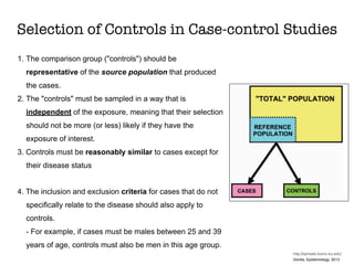 Selection of Controls in Case-control Studies
1. The comparison group ("controls") should be
representative of the source population that produced
the cases.
2. The "controls" must be sampled in a way that is
independent of the exposure, meaning that their selection
should not be more (or less) likely if they have the
exposure of interest.
3. Controls must be reasonably similar to cases except for
their disease status
4. The inclusion and exclusion criteria for cases that do not
specifically relate to the disease should also apply to
controls.  
- For example, if cases must be males between 25 and 39
years of age, controls must also be men in this age group.
Gordis, Epidemiology, 2013
http://sphweb.bumc.bu.edu/
 