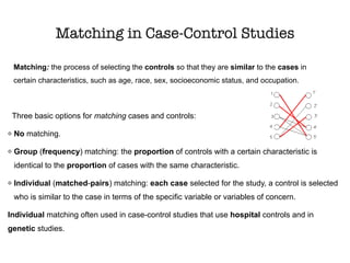 Matching in Case-Control Studies
Three basic options for matching cases and controls:
No matching.
Group (frequency) matching: the proportion of controls with a certain characteristic is
identical to the proportion of cases with the same characteristic.
Individual (matched-pairs) matching: each case selected for the study, a control is selected
who is similar to the case in terms of the specific variable or variables of concern.
Individual matching often used in case-control studies that use hospital controls and in
genetic studies.
Matching: the process of selecting the controls so that they are similar to the cases in
certain characteristics, such as age, race, sex, socioeconomic status, and occupation.
 