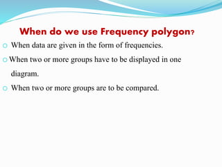 When do we use Frequency polygon?
o When data are given in the form of frequencies.
oWhen two or more groups have to be displayed in one
diagram.
o When two or more groups are to be compared.
 