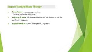 1. Purvakarma- preparatory procedure:
Pachana, Snehana and Svedana.
2. Pradhanakarma- bio-purificatory measures: It is con...