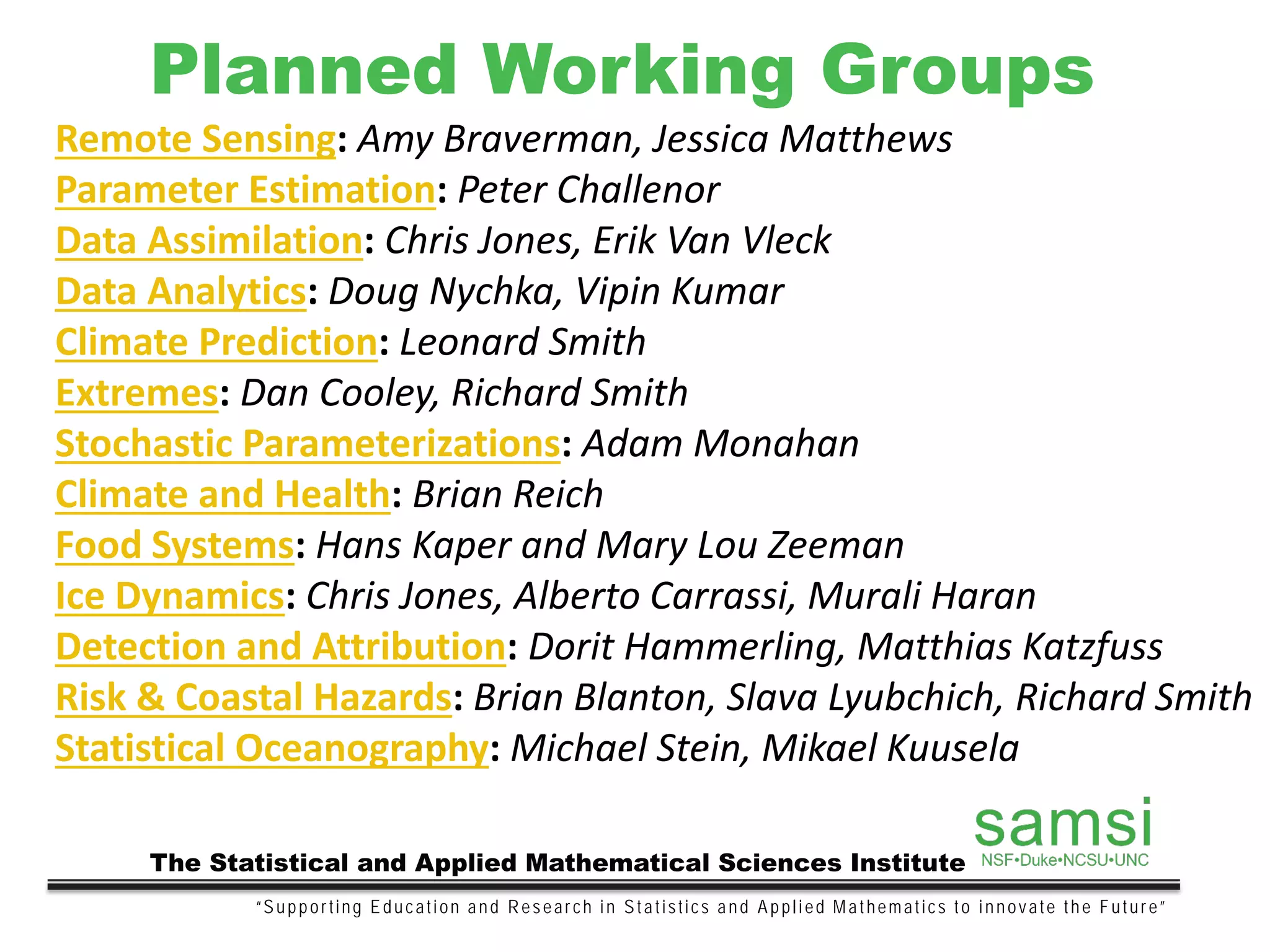 Planned Working Groups
“Supporting Education and Research in Statistics and Applied Mathematics to innovate the Future”
The Statistical and Applied Mathematical Sciences Institute
Remote Sensing: Amy Braverman, Jessica Matthews
Parameter Estimation: Peter Challenor
Data Assimilation: Chris Jones, Erik Van Vleck
Data Analytics: Doug Nychka, Vipin Kumar
Climate Prediction: Leonard Smith
Extremes: Dan Cooley, Richard Smith
Stochastic Parameterizations: Adam Monahan
Climate and Health: Brian Reich
Food Systems: Hans Kaper and Mary Lou Zeeman
Ice Dynamics: Chris Jones, Alberto Carrassi, Murali Haran
Detection and Attribution: Dorit Hammerling, Matthias Katzfuss
Risk & Coastal Hazards: Brian Blanton, Slava Lyubchich, Richard Smith
Statistical Oceanography: Michael Stein, Mikael Kuusela
 
