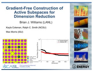 Kayla Coleman, Ralph C. Smith (NCSU)
Max Morris (ISU)
Gradient-Free Construction of
Active Subspaces for
Dimension Reduction
Brian J. Williams (LANL)
Dimension
0 100 200 300 400
RootMeanSquaredError
10
-4
10
-3
10-2
Gradient-Based
Initialized AM
!
6 ss-304 - bpr clad
5 air in bprs
4 borosilicate glass
3 water
2 cladding
1 2.561 wt % enriched fuel
7 rod n-9
6 ss-304 - bpr clad
5 air in bprs
4 borosilicate glass
3 water
2 cladding
1 2.561 wt % enriched fuel
7 rod n-9
 