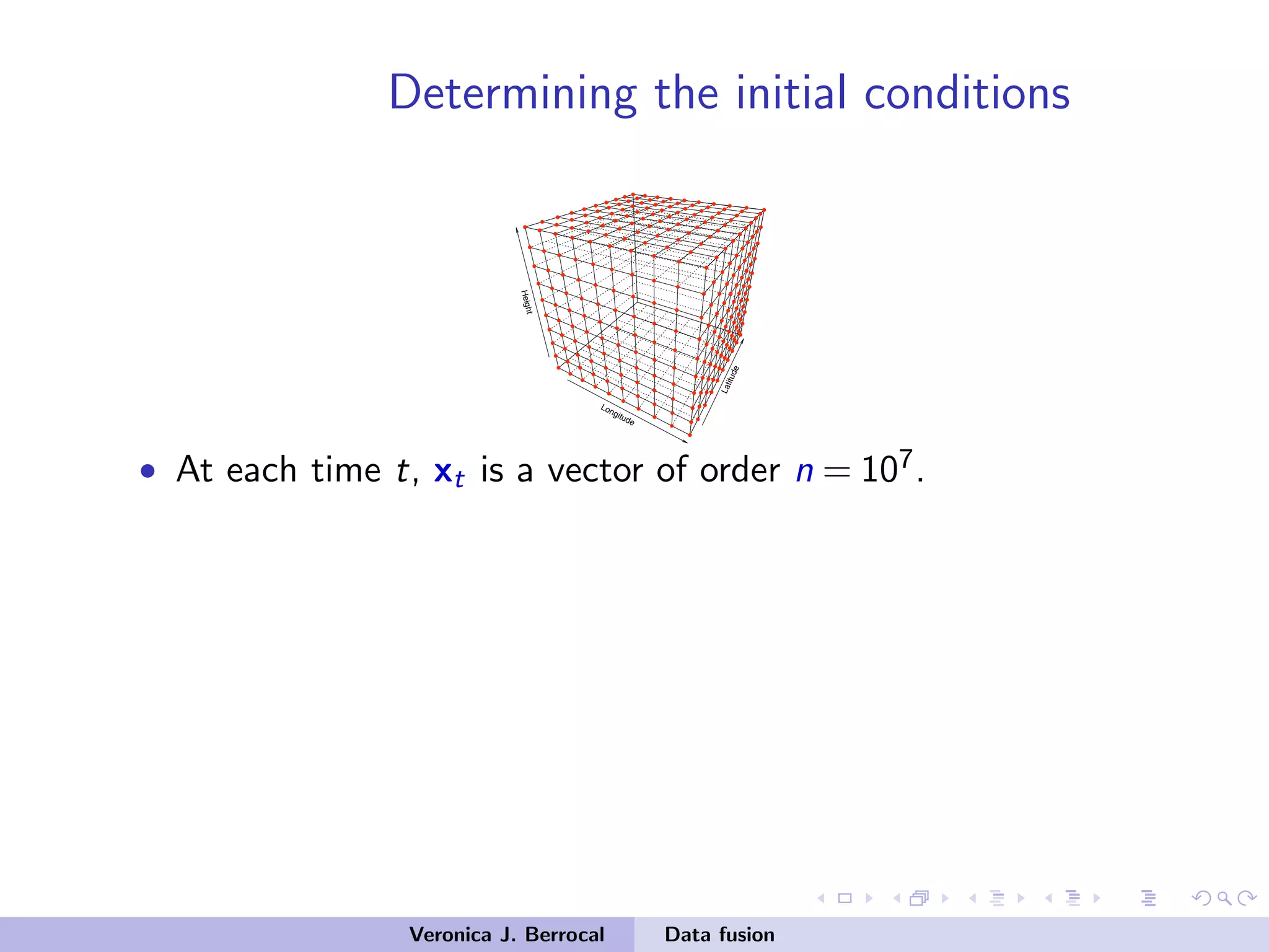 Determining the initial conditions
Longitude
Latitude
Height
• At each time t, xt is a vector of order n = 107.
Veronica J. Berrocal Data fusion
 
