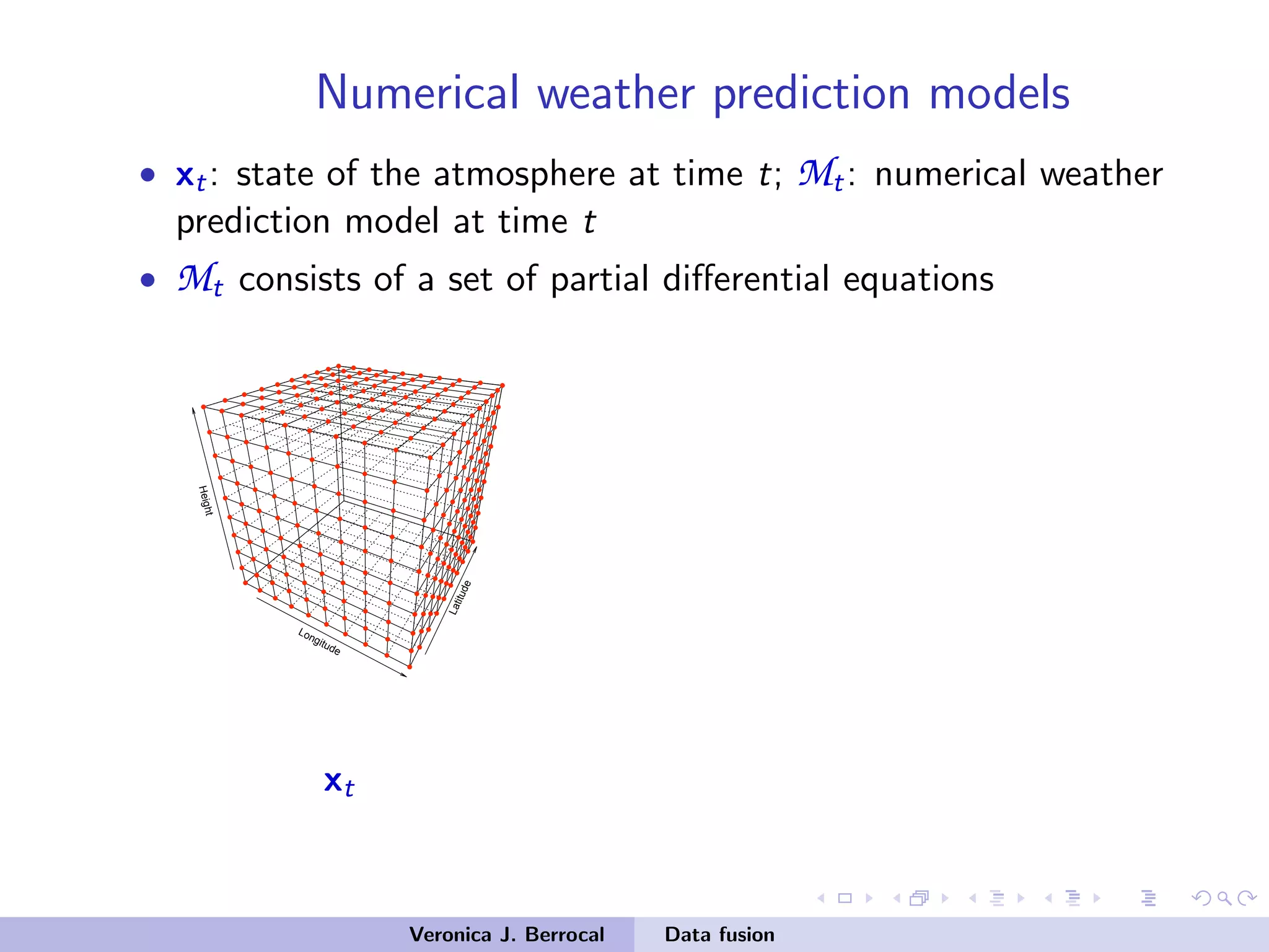 Numerical weather prediction models
• xt: state of the atmosphere at time t; Mt: numerical weather
prediction model at time t
• Mt consists of a set of partial diﬀerential equations
Longitude
Latitude
Height
xt
Veronica J. Berrocal Data fusion
 