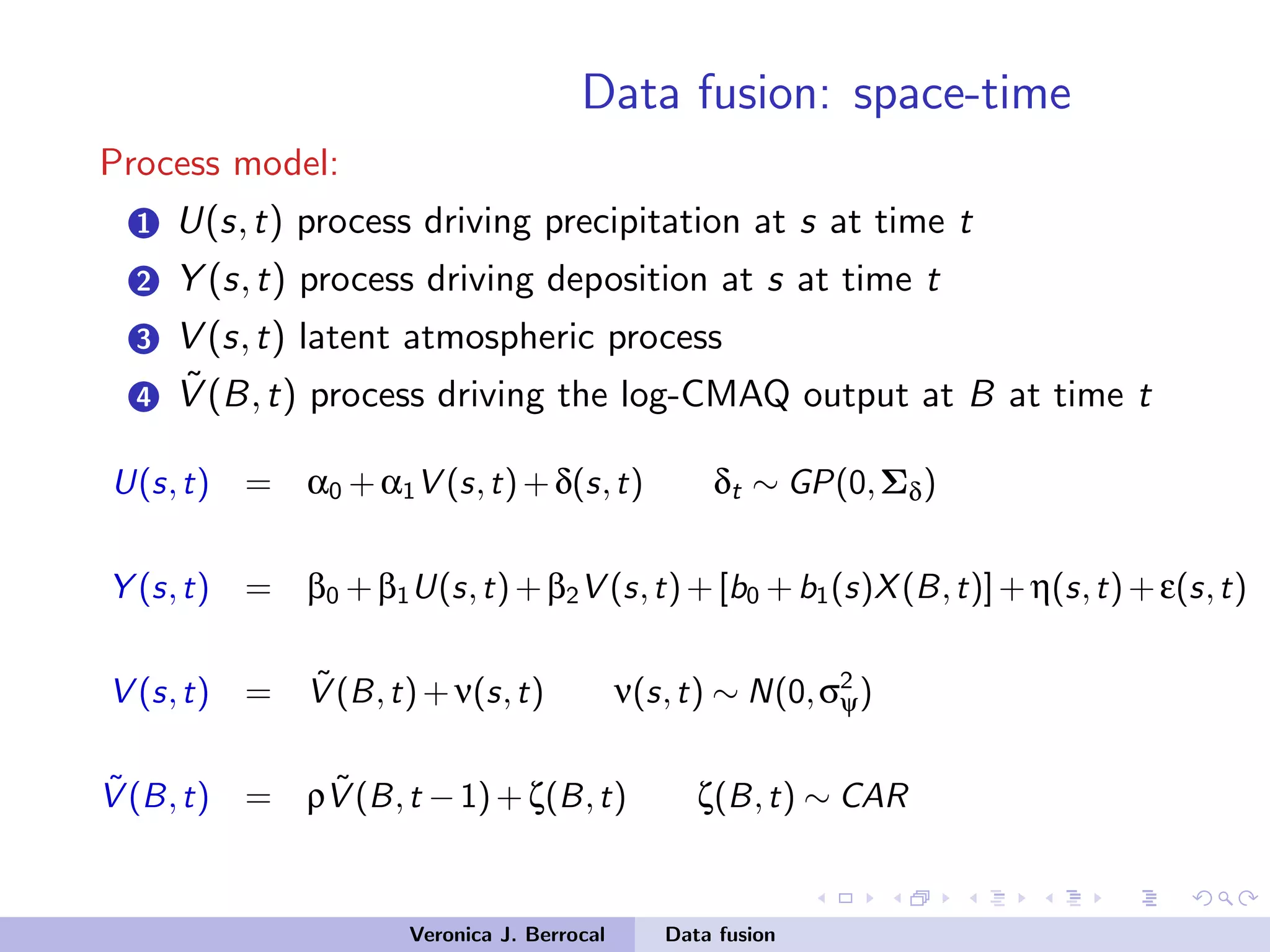 Data fusion: space-time
Process model:
1 U(s,t) process driving precipitation at s at time t
2 Y (s,t) process driving deposition at s at time t
3 V (s,t) latent atmospheric process
4 ˜V (B,t) process driving the log-CMAQ output at B at time t
U(s,t) = α0 +α1V (s,t)+δ(s,t) δt ∼ GP(0,Σδ)
Y (s,t) = β0 +β1U(s,t)+β2V (s,t)+[b0 +b1(s)X(B,t)]+η(s,t)+ε(s,t)
V (s,t) = ˜V (B,t)+ν(s,t) ν(s,t) ∼ N(0,σ2
ψ)
˜V (B,t) = ρ ˜V (B,t −1)+ζ(B,t) ζ(B,t) ∼ CAR
Veronica J. Berrocal Data fusion
 