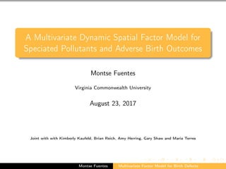 A Multivariate Dynamic Spatial Factor Model for
Speciated Pollutants and Adverse Birth Outcomes
Montse Fuentes
Virginia Commonwealth University
August 23, 2017
Joint with with Kimberly Kaufeld, Brian Reich, Amy Herring, Gary Shaw and Maria Terres
Montse Fuentes Multivariate Factor Model for Birth Defects
 