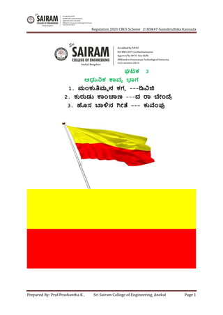 Regulation 2021 CBCS Scheme 21KSK47-Samskruthika Kannada
Prepared By: Prof.Prashantha K , Sri Sairam College of Engineering, Anekal Page 1
ಘಟಕ 3
ಆಧುನಿಕ ಕಾವ್ಯ ಭಾಗ
1. ಮಂಕುತಿಮ್ಮ ನ ಕಗಗ ---ಡಿವಿಜಿ
2. ಕುರುಡು ಕಾಾಂಚಾಣ ---ದ ರಾ ಬಾಂದ್ರ
ೆ
3. ಹೊಸ ಬಾಳಿನ ಗೀತೆ --- ಕುವಾಂಪು
 