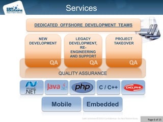 ServicesDEDICATED  OFFSHORE  DEVELOPMENT  TEAMSPROJECT TAKEOVERLEGACY DEVELOPMENT,RE-ENGINEERINGAND SUPPORTNEW DEVELOPMENTQAQAQAQUALITY ASSURANCEC / C++MobileEmbedded