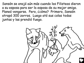 Sansón se enojó aún más cuando los Filisteos dieron
a su esposa para ser la esposa de su mejor amigo.
Planeó vengarse. Pero, ¿cómo? Primero, Sansón
atrapó 300 zorros. Luego ató sus colas todas
juntas y las prendió fuego.
 
