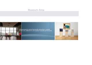 Museum Area
Un’ area dedicata alla storia e tradizione Samsonite, un percorso espositivo
ripercorrera’ lo storico cammino di Samsonite attraverso il secolo




                                                     
                      •Ripercorrere la storia Samsonite attraverso i modelli
                      storici e le collezioni in uno spazio museale permanente
 