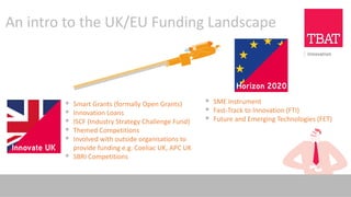 An intro to the UK/EU Funding Landscape
▪ SME Instrument
▪ Fast-Track to Innovation (FTI)
▪ Future and Emerging Technologies (FET)
▪ Smart Grants (formally Open Grants)
▪ Innovation Loans
▪ ISCF (Industry Strategy Challenge Fund)
▪ Themed Competitions
▪ Involved with outside organisations to
provide funding e.g. Coeliac UK, APC UK
▪ SBRI Competitions
 