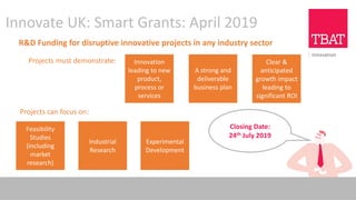 Closing Date:
24th July 2019
Innovate UK: Smart Grants: April 2019
R&D Funding for disruptive innovative projects in any industry sector
Innovation
leading to new
product,
process or
services
A strong and
deliverable
business plan
Clear &
anticipated
growth impact
leading to
significant ROI
Projects must demonstrate:
Feasibility
Studies
(including
market
research)
Industrial
Research
Experimental
Development
Projects can focus on:
 