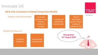 Closing Date:
21st August 2019
Innovate UK
UK & USA: Innovation in Global Composites Market
Innovation
leading to new
product,
process or
services
A strong and
deliverable
business plan
Clear &
anticipated
growth impact
leading to
significant ROI
Projects must demonstrate:
Industrial
Research
Experimental
Development
Projects can focus on:
 
