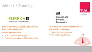 Research and Development Funding
30th November 2017
Wider UK Funding
Collaborative R&D projects with partners
from EUREKA countries.
Current Competitions:
▪ AI & Quantum Technologies
▪ Photonics for Advanced Manufacturing
For innovative solutions to UK Defence
and Security challenges.
▪ Open Call for Innovation
▪ Themed Competitions
 