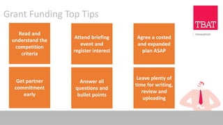 Grant Funding Top Tips
Read and
understand the
competition
criteria
Attend briefing
event and
register interest
Agree a costed
and expanded
plan ASAP
Get partner
commitment
early
Answer all
questions and
bullet points
Leave plenty of
time for writing,
review and
uploading
 
