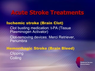 Acute Stroke Treatments Ischemic stroke (Brain Clot) Clot busting medication: t-PA (Tissue Plasminogen Activator) Clot-removing devices: Merci Retriever, Penumbra Hemorrhagic Stroke (Brain Bleed) Clipping Coiling 
