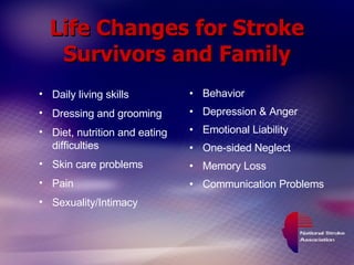 Life Changes for Stroke Survivors and Family Behavior Depression & Anger Emotional Liability One-sided Neglect Memory Loss Communication Problems Daily living skills Dressing and grooming Diet, nutrition and eating difficulties Skin care problems Pain Sexuality/Intimacy 