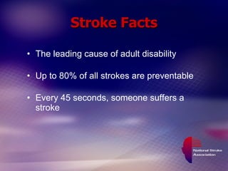 Stroke Facts The leading cause of adult disability Up to 80% of all strokes are preventable Every 45 seconds, someone suffers a stroke 