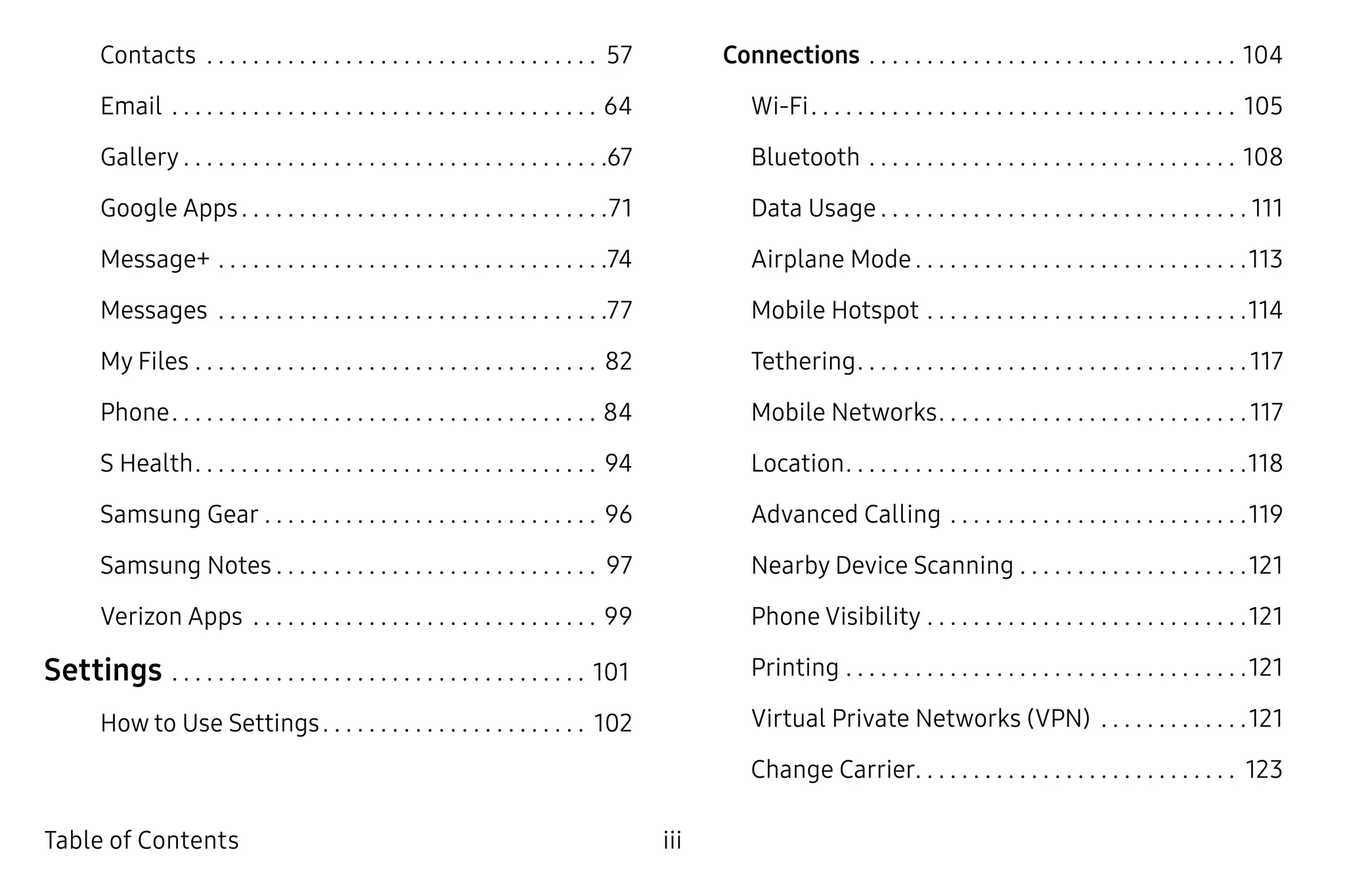 iii ﻿Table of Contents
Contacts .  .  .  .  .  .  .  .  .  .  .  .  .  .  .  .  .  .  .  .  .  .  .  .  .  .  .  .  .  .  .  .  .  .  . 57
Email .  .  .  .  .  .  .  .  .  .  .  .  .  .  .  .  .  .  .  .  .  .  .  .  .  .  .  .  .  .  .  .  .  .  .  .  .  . 64
Gallery.  .  .  .  .  .  .  .  .  .  .  .  .  .  .  .  .  .  .  .  .  .  .  .  .  .  .  .  .  .  .  .  .  .  .  .  . 67
Google Apps. .  .  .  .  .  .  .  .  .  .  .  .  .  .  .  .  .  .  .  .  .  .  .  .  .  .  .  .  .  .  . 71
Message+.  .  .  .  .  .  .  .  .  .  .  .  .  .  .  .  .  .  .  .  .  .  .  .  .  .  .  .  .  .  .  .  .  . 74
Messages .  .  .  .  .  .  .  .  .  .  .  .  .  .  .  .  .  .  .  .  .  .  .  .  .  .  .  .  .  .  .  .  .  . 77
My Files. .  .  .  .  .  .  .  .  .  .  .  .  .  .  .  .  .  .  .  .  .  .  .  .  .  .  .  .  .  .  .  .  .  .  . 82
Phone. .  .  .  .  .  .  .  .  .  .  .  .  .  .  .  .  .  .  .  .  .  .  .  .  .  .  .  .  .  .  .  .  .  .  .  .  . 84
S Health. .  .  .  .  .  .  .  .  .  .  .  .  .  .  .  .  .  .  .  .  .  .  .  .  .  .  .  .  .  .  .  .  .  .  . 94
Samsung Gear.  .  .  .  .  .  .  .  .  .  .  .  .  .  .  .  .  .  .  .  .  .  .  .  .  .  .  .  .  . 96
Samsung Notes.  .  .  .  .  .  .  .  .  .  .  .  .  .  .  .  .  .  .  .  .  .  .  .  .  .  .  .  . 97
Verizon Apps .  .  .  .  .  .  .  .  .  .  .  .  .  .  .  .  .  .  .  .  .  .  .  .  .  .  .  .  .  .  . 99
Settings.  .  .  .  .  .  .  .  .  .  .  .  .  .  .  .  .  .  .  .  .  .  .  .  .  .  .  .  .  .  .  .  .  .  .  .  . 101
How to Use Settings. .  .  .  .  .  .  .  .  .  .  .  .  .  .  .  .  .  .  .  .  .  .  . 102
Connections.  .  .  .  .  .  .  .  .  .  .  .  .  .  .  .  .  .  .  .  .  .  .  .  .  .  .  .  .  .  .  .  . 104
Wi‑Fi. .  .  .  .  .  .  .  .  .  .  .  .  .  .  .  .  .  .  .  .  .  .  .  .  .  .  .  .  .  .  .  .  .  .  .  .  . 105
Bluetooth.  .  .  .  .  .  .  .  .  .  .  .  .  .  .  .  .  .  .  .  .  .  .  .  .  .  .  .  .  .  .  .  . 108
Data Usage.  .  .  .  .  .  .  .  .  .  .  .  .  .  .  .  .  .  .  .  .  .  .  .  .  .  .  .  .  .  .  . 111
Airplane Mode.  .  .  .  .  .  .  .  .  .  .  .  .  .  .  .  .  .  .  .  .  .  .  .  .  .  .  .  . 113
Mobile Hotspot.  .  .  .  .  .  .  .  .  .  .  .  .  .  .  .  .  .  .  .  .  .  .  .  .  .  .  . 114
Tethering. .  .  .  .  .  .  .  .  .  .  .  .  .  .  .  .  .  .  .  .  .  .  .  .  .  .  .  .  .  .  .  .  . 117
Mobile Networks. .  .  .  .  .  .  .  .  .  .  .  .  .  .  .  .  .  .  .  .  .  .  .  .  .  . 117
Location. .  .  .  .  .  .  .  .  .  .  .  .  .  .  .  .  .  .  .  .  .  .  .  .  .  .  .  .  .  .  .  .  .  . 118
Advanced Calling.  .  .  .  .  .  .  .  .  .  .  .  .  .  .  .  .  .  .  .  .  .  .  .  .  . 119
Nearby Device Scanning.  .  .  .  .  .  .  .  .  .  .  .  .  .  .  .  .  .  .  . 121
Phone Visibility.  .  .  .  .  .  .  .  .  .  .  .  .  .  .  .  .  .  .  .  .  .  .  .  .  .  .  . 121
Printing.  .  .  .  .  .  .  .  .  .  .  .  .  .  .  .  .  .  .  .  .  .  .  .  .  .  .  .  .  .  .  .  .  .  . 121
Virtual Private Networks (VPN) .  .  .  .  .  .  .  .  .  .  .  .  . 121
Change Carrier. .  .  .  .  .  .  .  .  .  .  .  .  .  .  .  .  .  .  .  .  .  .  .  .  .  .  .  . 123
 