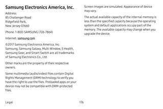 176Legal
Samsung Electronics America, Inc.
Address:
85 Challenger Road
Ridgefield Park,
New Jersey 07660
Phone: 1-800-SAMSUNG (726-7864)
Internet: samsung.com
©2017 Samsung Electronics America, Inc.
Samsung, Samsung Galaxy, Multi Window, S Health,
Samsung Gear, and Smart Switch are all trademarks
of Samsung Electronics Co., Ltd.
Other marks are the property of their respective
owners.
Some multimedia (audio/video) files contain Digital
Rights Management (DRM) technology to verify you
have the right to use the files. Preloaded apps on your
device may not be compatible with DRM-protected
files.
Screen images are simulated. Appearance of device
may vary.
The actual available capacity of the internal memory is
less than the specified capacity because the operating
system and default applications occupy part of the
memory. The available capacity may change when you
upgrade the device.
 