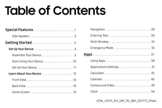 
Special Features. .  .  .  .  .  .  .  .  .  .  .  .  .  .  .  .  .  .  .  .  .  .  .  .  .  .  .  .  . 1
Side Speaker. .  .  .  .  .  .  .  .  .  .  .  .  .  .  .  .  .  .  .  .  .  .  .  .  .  .  .  .  .  .  .  . 2
Getting Started. .  .  .  .  .  .  .  .  .  .  .  .  .  .  .  .  .  .  .  .  .  .  .  .  .  .  .  .  .  . 3
Set Up YourDevice .  .  .  .  .  .  .  .  .  .  .  .  .  .  .  .  .  .  .  .  .  .  .  .  .  .  .  .  . 4
Assemble Your Device.  .  .  .  .  .  .  .  .  .  .  .  .  .  .  .  .  .  .  .  .  .  .  . 5
Start Using Your Device. .  .  .  .  .  .  .  .  .  .  .  .  .  .  .  .  .  .  .  .  . 10
Set Up Your Device.  .  .  .  .  .  .  .  .  .  .  .  .  .  .  .  .  .  .  .  .  .  .  .  .  . 11
Learn About YourDevice.  .  .  .  .  .  .  .  .  .  .  .  .  .  .  .  .  .  .  .  .  .  . 15
Front View. .  .  .  .  .  .  .  .  .  .  .  .  .  .  .  .  .  .  .  .  .  .  .  .  .  .  .  .  .  .  .  .  . 16
Back View.  .  .  .  .  .  .  .  .  .  .  .  .  .  .  .  .  .  .  .  .  .  .  .  .  .  .  .  .  .  .  .  .  . 18
Home Screen.  .  .  .  .  .  .  .  .  .  .  .  .  .  .  .  .  .  .  .  .  .  .  .  .  .  .  .  .  .  . 19
Navigation .  .  .  .  .  .  .  .  .  .  .  .  .  .  .  .  .  .  .  .  .  .  .  .  .  .  .  .  .  .  .  .  . 28
Entering Text.  .  .  .  .  .  .  .  .  .  .  .  .  .  .  .  .  .  .  .  .  .  .  .  .  .  .  .  .  .  . 30
Multi Window. .  .  .  .  .  .  .  .  .  .  .  .  .  .  .  .  .  .  .  .  .  .  .  .  .  .  .  .  .  . 33
Emergency Mode .  .  .  .  .  .  .  .  .  .  .  .  .  .  .  .  .  .  .  .  .  .  .  .  .  .  . 35
Apps .  .  .  .  .  .  .  .  .  .  .  .  .  .  .  .  .  .  .  .  .  .  .  .  .  .  .  .  .  .  .  .  .  .  .  .  .  .  .  .  .  . 37
Using Apps.  .  .  .  .  .  .  .  .  .  .  .  .  .  .  .  .  .  .  .  .  .  .  .  .  .  .  .  .  .  .  .  . 38
Applications Settings. .  .  .  .  .  .  .  .  .  .  .  .  .  .  .  .  .  .  .  .  .  .  . 41
Calculator.  .  .  .  .  .  .  .  .  .  .  .  .  .  .  .  .  .  .  .  .  .  .  .  .  .  .  .  .  .  .  .  .  . 45
Calendar.  .  .  .  .  .  .  .  .  .  .  .  .  .  .  .  .  .  .  .  .  .  .  .  .  .  .  .  .  .  .  .  .  .  . 46
Camera and Video. .  .  .  .  .  .  .  .  .  .  .  .  .  .  .  .  .  .  .  .  .  .  .  .  .  . 49
Clock .  .  .  .  .  .  .  .  .  .  .  .  .  .  .  .  .  .  .  .  .  .  .  .  .  .  .  .  .  .  .  .  .  .  .  .  .  . 54
Table of Contents
VZW_J727V_EN_UM_TN_QB1_031717_FINAL
 