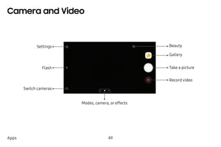 49Apps
Camera and Video
Settings
Gallery
Beauty
Take a picture
Record video
Switch cameras
Modes, camera, or effects
Flash
 