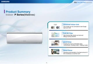 1414
Indoor P Series(Maldives)
Product Summary
Full HD Filter
High Density filter blocks out dust and
allergy-causing bacteria
Universal Indoor Unit
This model can be connected to both Single
Split and FJM.
good’sleep
Creating the most comfortable sleep
environment. (Cooling mode + Heating mode)
Smart Saver
Operating automatically in the least amount of
time necessary to cool the room
 