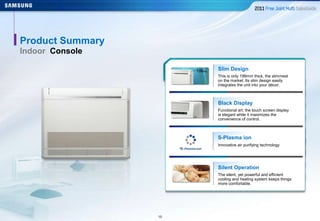 1616
Product Summary
Indoor Console
Slim Design
This is only 199mm thick, the slimmest
on the market. Its slim design easily
integrates the unit into your décor.
Black Display
Functional art, the touch screen display
is elegant while it maximizes the
convenience of control.
Silent Operation
The silent, yet powerful and efficient
cooling and heating system keeps things
more comfortable.
S-Plasma ion
Innovative air purifying technology
 
