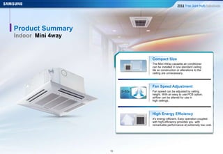 1818
Product Summary
Indoor Mini 4way
Compact Size
The Mini 4Way cassette air conditioner
can be installed in one standard ceiling
tile so construction or alterations to the
ceiling are unnecessary.
Fan Speed Adjustment
Fan speed can be adjusted by ceiling
height. With an easy to use PCB option,
airflow can be altered for use in
high ceilings.
High Energy Efficiency
It's energy efficient. Easy operation coupled
with high efficiency provides you with
remarkable performance at extremely low cost.
 