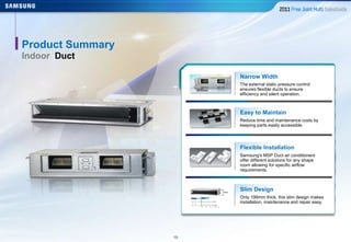 1919
Indoor Duct
Product Summary
Narrow Width
The external static pressure control
ensures flexible ducts to ensure
efficiency and silent operation.
Easy to Maintain
Reduce time and maintenance costs by
keeping parts easily accessible.
Flexible Installation
Samsung's MSP Duct air conditioners
offer different solutions for any shape
room allowing for specific airflow
requirements.
Slim Design
Only 199mm thick, this slim design makes
installation, maintenance and repair easy.
 