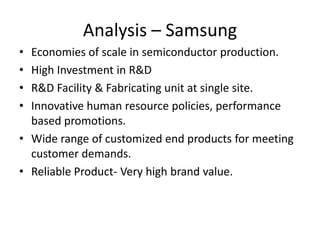 Govt. ApprovalsVery HighTechnologicalVery high use of innovation and technology.Threat  of Substitutes- No major substitutes.   -Nanotechnology  based memory still not ready. LowSocial- Consumers (PC, Mobile companies) very well informed- Customers ready to try other options