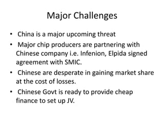 Analysis – SamsungEconomies of scale in semiconductor production.High Investment in R&DR&D Facility & Fabricating unit at single site.Innovative human resource policies, performance based promotions.Wide range of customized end products for meeting customer demands.Reliable Product- Very high brand value.