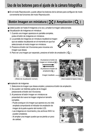 Uso de los botones para el ajuste de la cámara fotográfica
 En el modo Reproducción, puede utilizar los botones de la cámara para configurar de modo
 conveniente las funciones del modo Reproducción.


 Botón Imagen en miniatura (                                   )/ Ampliación (                                    )
 Usted puede ver hasta 9 imágenes a la vez y ampliar la imagen seleccionada.
 Visualización de imágenes en miniatura
 1. Cuando una imagen aparezca en pantalla completa,
    pulse el botón de imágenes en miniatura.
 2. La pantalla de imágenes en miniatura resaltará la imagen
    que se estaba visualizando en el momento en que fue
    seleccionado el modo imagen en miniatura.
 3. Presione el botón de 5 funciones para moverse a la
    imagen que desea.
 4. Para ver una imagen por separado, presione el botón de ampliación (    ).


                                            Al presionar el botón de
                                           imagen en miniatura( ).


                                            Al presionar el botón de
                                                ampliación(     ).

                                              Imagen resaltada

        [ Modo de visualización normal ]                               [ Modo de visualización de imágenes en miniatura ]

 Ampliación de imágenes
  1. Seleccione la imagen que desea ampliar y presione el botón de ampliación.
  2. Se pueden ver distintas partes de la imagen
     presionando el botón de 5 funciones.
  3. Al presionar el botón imagen en miniatura se
     presentará de nuevo la imagen original en tamaño
     completo.
     - Puede averiguar si la imagen que aparece es una vista
       ampliada comprobando el indicador de ampliación de
       imagen de la parte superior del monitor LCD.
     - Las imágenes en movimiento y los archivos WAV no
       pueden ampliarse.
     - Al ampliar una imagen puede que se pierda un poco
       de calidad.




                                                                                                                 47
 
