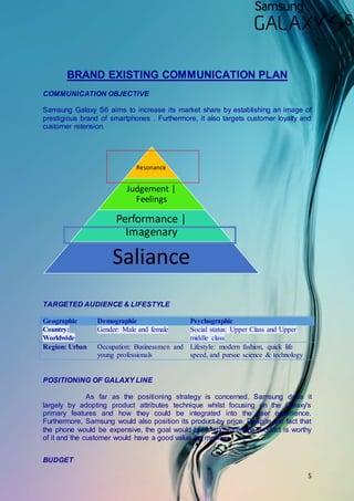 5
BRAND EXISTING COMMUNICATION PLAN
COMMUNICATION OBJECTIVE
Samsung Galaxy S6 aims to increase its market share by establishing an image of
prestigious brand of smartphones . Furthermore, it also targets customer loyalty and
customer retension.
TARGETED AUDIENCE & LIFESTYLE
Geographic Demographic Psychographic
Country:
Worldwide
Gender: Male and female Social status: Upper Class and Upper
middle class
Region: Urban Occupation: Businessmen and
young professionals
Lifestyle: modern fashion, quick life
speed, and pursue science & technology
POSITIONING OF GALAXY LINE
As far as the positioning strategy is concerned, Samsung does it
largely by adopting product attributes technique whilst focusing on the Galaxy's
primary features and how they could be integrated into the user experience.
Furthermore, Samsung would also position its product by price. Despite the fact that
the phone would be expensive, the goal would be to show that the product is worthy
of it and the customer would have a good value for money.
BUDGET
Resonance
Judgement |
Feelings
Performance |
Imagenary
Saliance
 