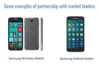 Some examples of partnership with market leaders
Samsung Windows Mobile Samsung Android Mobile
 