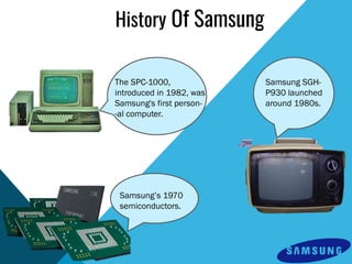 History Of Samsung
The SPC-1000,
introduced in 1982, was
Samsung's first person-
-al computer.
Samsung SGH-
P930 launched
around 1980s.
Samsung’s 1970
semiconductors.
 